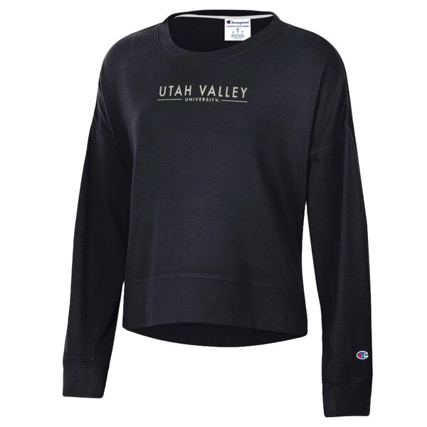 Women's Fit Super soft black Champion crew with embroidered Utah Valley University on the front and a short slit on either side at the bottom